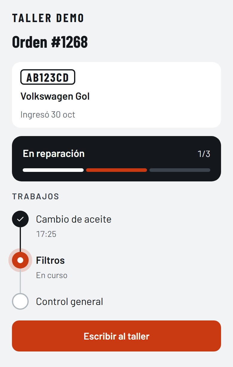 Página de seguimiento del cliente con el estado de cada trabajo